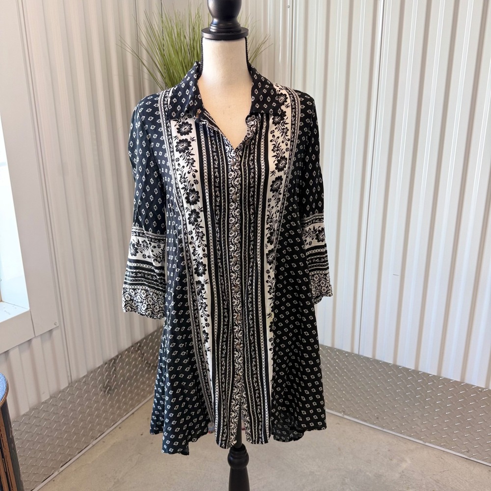 Anthropologie Cyrena Women's M Artsy Shirt Dress Black Multicolor Button Down - Picture 2 of 10